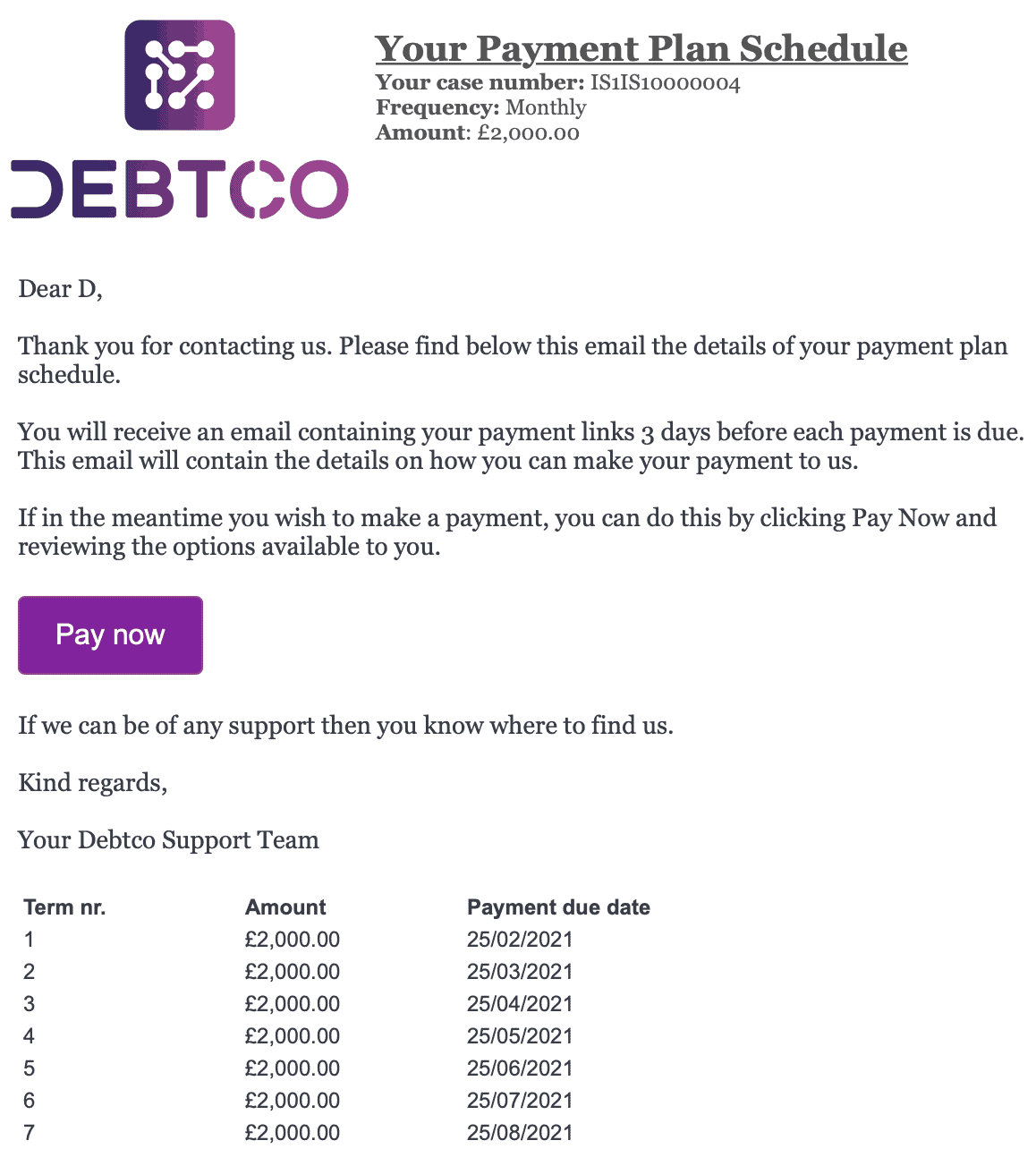 CollectIC Payment Plan Email Schedule